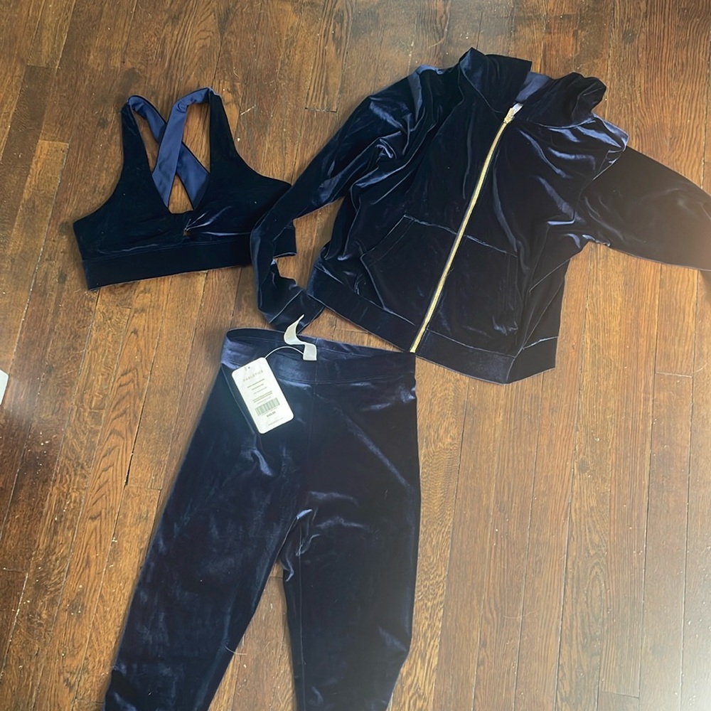 Navy velvet fabletics track suit